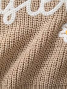 Girls Knitted Sweater With Delicate "Big Sister" Embroidery And White Floral Pattern, Soft And Warm - Khaki - View 6