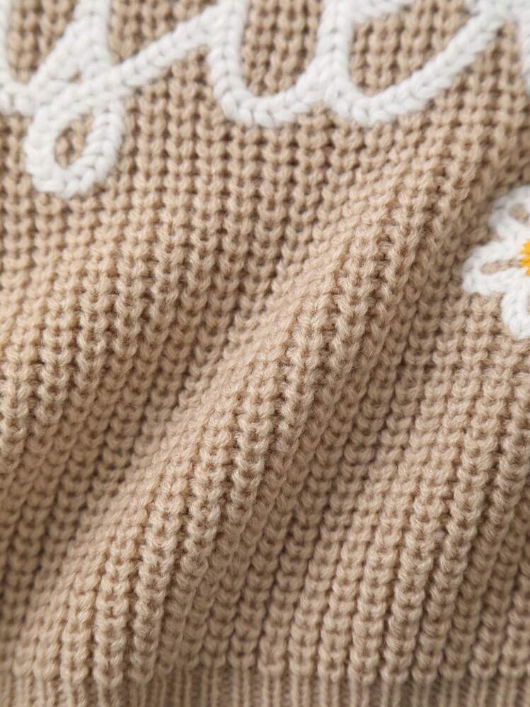 Girls Knitted Sweater With Delicate "Big Sister" Embroidery And White Floral Pattern, Soft And Warm - Khaki - View 5