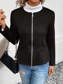 Plus Size Long-Sleeve Round-Neck Suede Jacket With Front Zipper - Black - View 3
