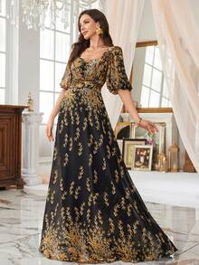 SUPGIR Women's [Random Cut] Square-Neck Bubble Sleeve Narrow Waist All Over Print Chiffon Temperament Formal Evening Dress - Black - View 5