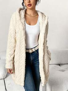 Women'S Elegant Fleece Hooded Cardigan With Jacquard Design - Soft Warm Winter Coat, Mid-Length Button-Front Closure, Cozy Long Sleeve Sweater For Fall & Winter, Casual To Semi-Formal Outfits (No Belt, Easy On/Off) - Versatile   Women'S Autumn Winter Long Cardigan Sweater, Casual Simple Fashion Fleece-Lined Textured Pattern Straight Sleeve Button Hooded Long Coat, Ropa De Invierno Mujer,Cardigan For Women,Women's Sweaters,Fuzzy Hooded Coat,Faux Fur Button Coat, Fluffy Long Sleeve Jacket ,Black Fuzzy Hooded Coat, Beige Fuzzy Button Jacket,Fall Winter Warm Fuzzy Coat,Old Money Fuzzy Coat,Cozy Fuzzy Outerwear - 白色 - 查看 6