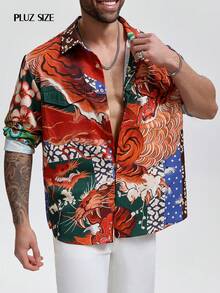 1pc Men's Floral Print Lapel Single-Breasted Long Sleeve Casual Shirt, Elegant For Holiday Party, Vacation, Commute, Plus Size - Red - View 4