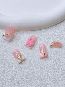 10片装Y2K风鸭嘴美甲贴片套装 - 手工制作，包含白色美甲、粉色美甲、白粉法式渐变美甲、手工3D立体花朵美甲、3D粉色立体花朵美甲、手绘3D水滴设计、闪亮金色十字架和金色星星装饰 - 彩色 - 查看 3