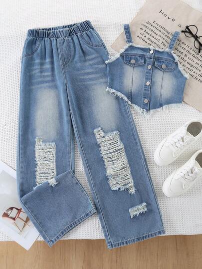 Set de 2 piezas para niñas preadolescentes: Top de camisola de mezclilla personalizado para uso casual al aire libre, combinado con pantalones vaqueros acampanados y desgastados con estilo vintage