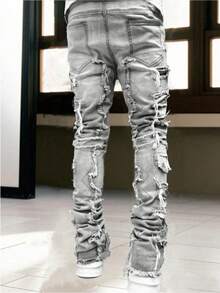 Men's Creative Fringe Decoration Slim Fit Jeans, Men's Casual Stretch Street Style Hip-Hop Skateboard Rap Jeans For All Seasons - 銀色 - 查看 2