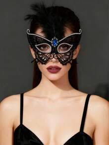 Máscara de encaje con rhinestones de lujo, máscara negra hueca con plumas artificiales, accesorio de nivel de reina para fiesta de mascarada veneciana, máscara de ojos romántica para pareja disfraz del Día de San Valentín - Negro - Ver 3