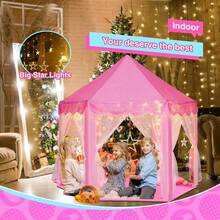 Princess Castle Fairy Tent, Play Toys For Girls Large Hexagon Playhouse, Toy Houses, With Big Star Lights Indoor And Outdoor Kids Magical Game House Kids Camping(With Mat) - 粉紅色大燈 - 查看 9