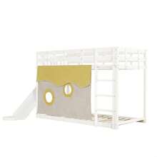 Wooden Bunk Bed With Ladder And Railing, With Curtain, Slide, Children's Bed With Fall Protection And Railing, MDF+Pine, White, 90x200cm - 白色 - 查看 2