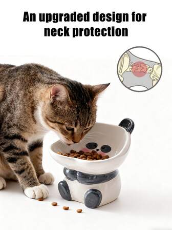Panda-Shaped Ceramic Cat Bowl! 15° Tilt + Elevated Stand, Adorable & Practical