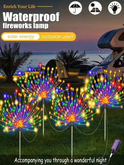 太阳能装饰烟花灯 - 8 种照明模式，防水星爆灯，适用于房车露营、户外野餐和派对 | 非常适合户外花园、露台、小径、草坪和节日圣诞装饰（60LED/240LED/320LED）（多色/暖白/白色）