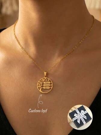 1 Customized Text Necklace, Personalized Stainless Steel Life Tree Necklace, 1-5 Customized Family Character Names, Minimalist, Fashionable, Elegant, Retro, Neutral, Simple, Casual, Fashionable Personal Life Collar, Gold Fashion Accessories, (With Gift Box Packaging)
