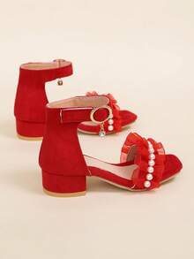 A Pair Of The Latest Summer Children's Faux Pearl Ruffled Hook And Loop High-Heeled Sandals - Red Design, Fashionable, Casual And Comfortable. It's An Excellent Choice For Shopping In The Mall, Summer Vacation, Daily Outings And Park Walks, And Can Be Easily Matched With All Kinds Of Children's Clothing. - Red - View 7