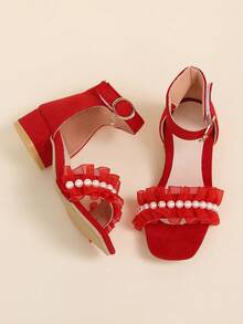 A Pair Of The Latest Summer Children's Faux Pearl Ruffled Hook And Loop High-Heeled Sandals - Red Design, Fashionable, Casual And Comfortable. It's An Excellent Choice For Shopping In The Mall, Summer Vacation, Daily Outings And Park Walks, And Can Be Easily Matched With All Kinds Of Children's Clothing. - Red - View 5