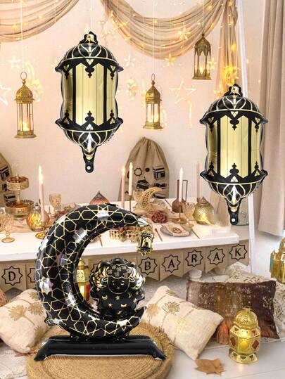 3 parça Ramazan Ayakta Ay Koyun Balon Seti, Ayakta Ay Koyun - Siyah, Bayram Askılı Fener Balonu - Siyah, Ramazan Parti Malzemeleri, Ramazan Kareem, Ramazan Mübarek, Ramazan Bayramı için uygundur