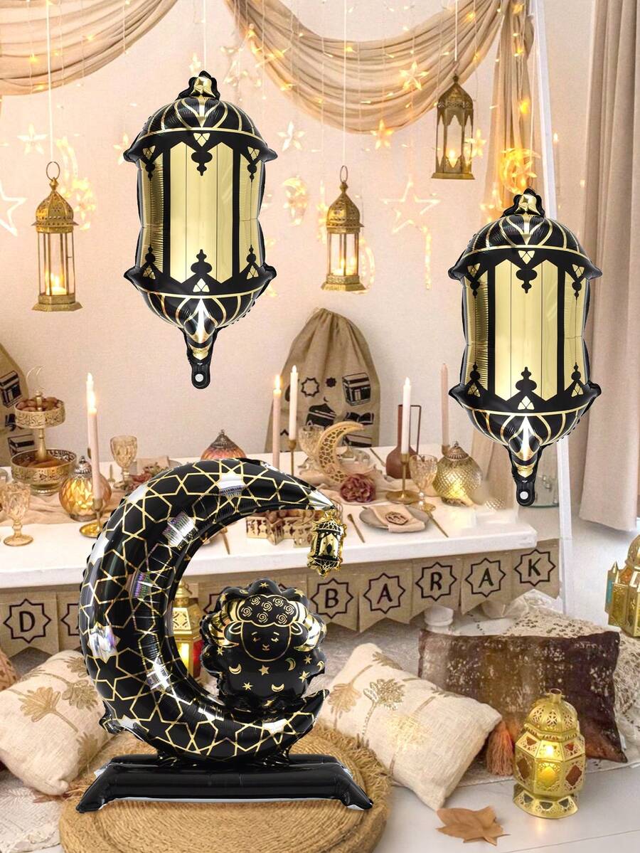 3pcs Ramadan Standing Moon Sheep Balloon Set, Includes Standing Moon Sheep - Black, Eid Hanging Lantern Balloon - Black, Suitable For Ramadan Party Supplies, Ramadan Kareem, Ramadan Mubarak, Eid Mubarak - Multicolor - View 1