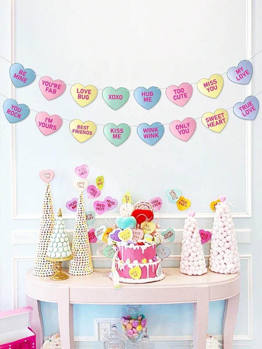 2件套粉彩爱心横幅，美观的对话爱心花环，适用于房间装饰、生日派对、拍照道具，可爱的墙挂派对用品 - 彩色 - 查看 1