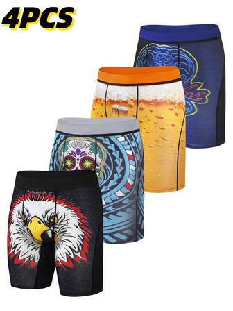 4pcs Men's Digital Print Boxer Briefs, Creative Graphic Placement Print Sports & Fitness Long Leg Prevent Chafing, Casual Versatile Men's Trunks