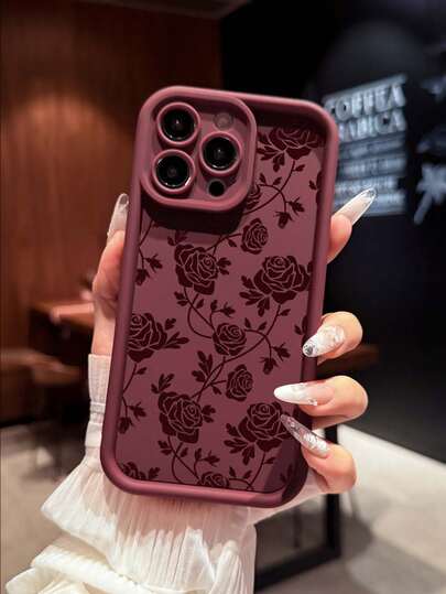 花卉线条图案彩绘凹槽酒红色厚实穿孔极简防摔手机保护壳，适用于 17/16/16 Pro/16 Pro Max/16 Plus/15/XR/7/8/15 Pro Max/12 Pro Max/13 Pro Max/14 Pro Max/13/14/11/12p/14 女款 P11 软壳 P12 防摔 XS/XR/78/P.78