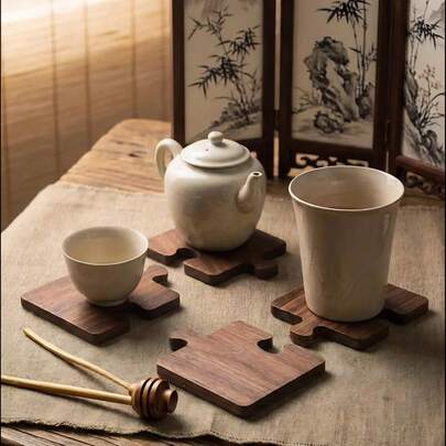 4pcs Retro Black Walnut Wood Puzzle – Wooden Puzzle-Style Coasters, Suitable For Beverage, Beer, And Coffee. Features Excellent Heat Insulation. Perfect As Christmas, Valentine's Day, Or Father's Day Gifts (Minor Color Variations May Exist In Each Wooden Piece).