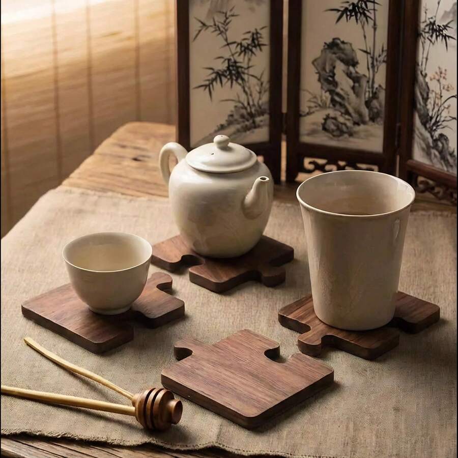 4pcs Retro Black Walnut Wood Puzzle – Wooden Puzzle-Style Coasters, Suitable For Beverage, Beer, And Coffee. Features Excellent Heat Insulation. Perfect As Christmas, Valentine's Day, Or Father's Day Gifts (Minor Color Variations May Exist In Each Wooden Piece).