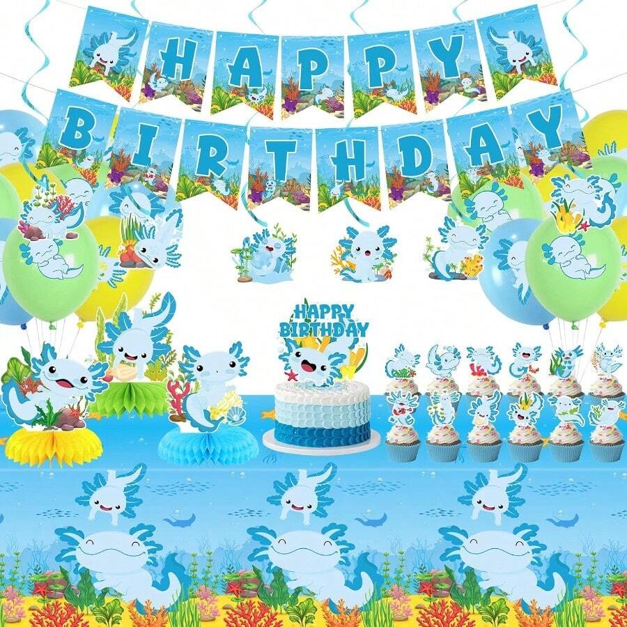 DBlue Axolotl Birthday Party Decorations - Axolotl Party Plies Including Happy Birthday Banner Spirals Cake Toppers Table Centerpieces Balloons LQ - LQ - Xem 1