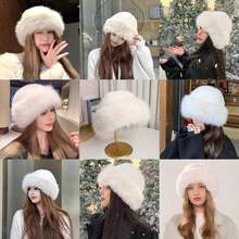 优雅奢华仿毛皮和绒面革抓绒纯色冬季保暖帽和触屏手套套装 - 抓绒袖口和金属扣细节，防寒保暖，适合女性日常通勤和圣诞派对冬季配饰套装 - 彩色 - 查看 5