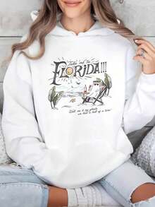 [Casual Sweatshirt]Women's Casual Florida Beach Graphic Hoodie - White Polyester Pullover With Pockets, Sunny Vacation Print, Machine Washable For Fall & Spring |   Plus Size - 白色 - 查看 2