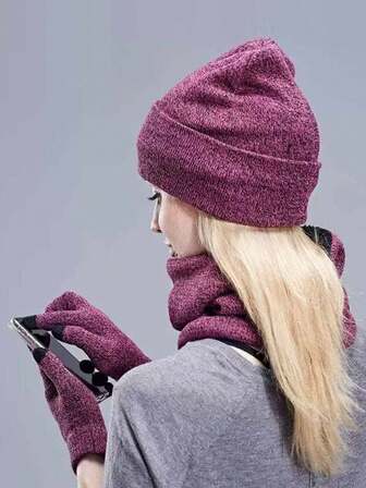 1 Set Unisex Knitted Hat, Scarf, Gloves 3 Pieces Winter Suit, Warm Thick Thermal Lining, Fashion Touchscreen Gloves, Suitable For Outdoor Cycling, Travel, Skiing, Hiking, Daily Use Warm Accessories Valentines Gift