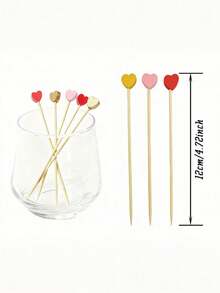 100pcs Heart-Shaped Bamboo Cocktail Picks/Appetizer Skewers/Natural High-Quality/Red, Golden, Pink/Valentine's Day, Wedding, Birthday, Christmas, Thanksgiving, New Year Party Supplies