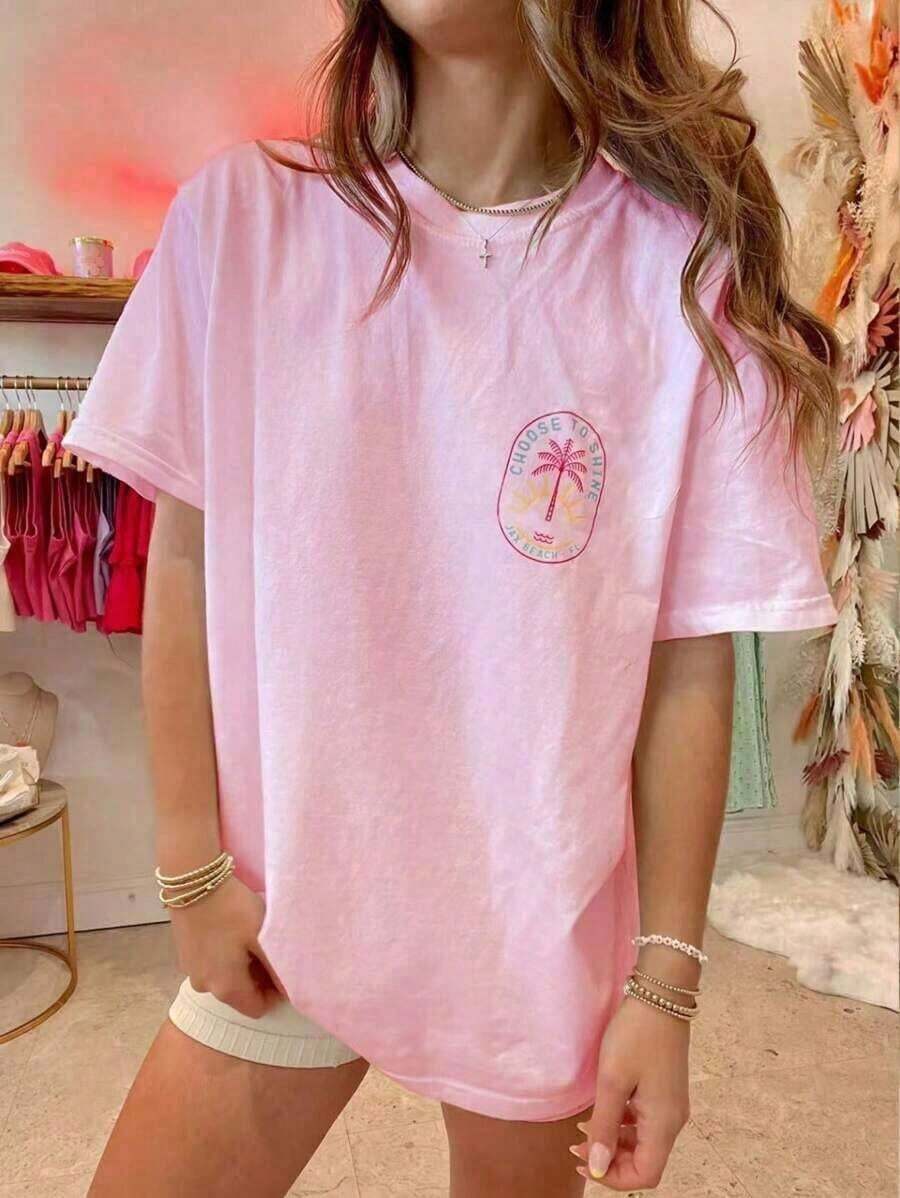 Womens Y2k Coconut Tree Graphic Oversized T Shirts Tops Coconut Tree/Letter Print Short Sleeve Round Neck Loose Fit Tee Shirt Summer Vintage Aesthetic Baggy Tees Tops Preppy Coastal Teen Girl Clothes Streetwear-White And Navy Off-The-Shoulder Cropped Unisex TopNew Stylish T-Shirt - 粉色 - 查看 1