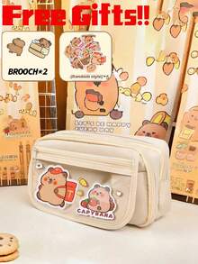 7pcs Set, Including Pencil Case & Doll, 5pcs Stickers, Cute Hamster Pencil Box, Multi-Layer Hamster Pencil Box, Hamster Brooch Hamster Bag, For Organizing School Items, Pens, Rulers, Erasers, Home Decor, (5pcs Stickers Random) - Beige - View 8