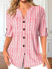 条纹纽扣前开襟休闲衬衫，居家、办公、日常穿着皆宜 - 粉色 - 查看 1