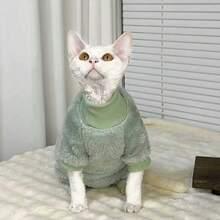 Thick Hairless Cat Clothes, Warm Belly Protective Jumpsuit For Sphynx Cats In Autumn/Winter. Mint Green Faux Lambswool High Collar Cat Outfit, Suitable For Sphynx And Devon Rex Cats. Warm, Skin-Friendly, Non-Stuffy, Cute For Indoor And Outdoor Wear. - Mint Green - View 10