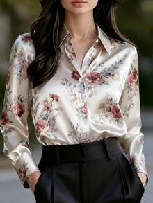New Spring Fashion Women Satin Elegant Printed Blouse, Front Button Design, Suitable For Business Casual, Machine Washable Vacation - 混合色 - 查看 3