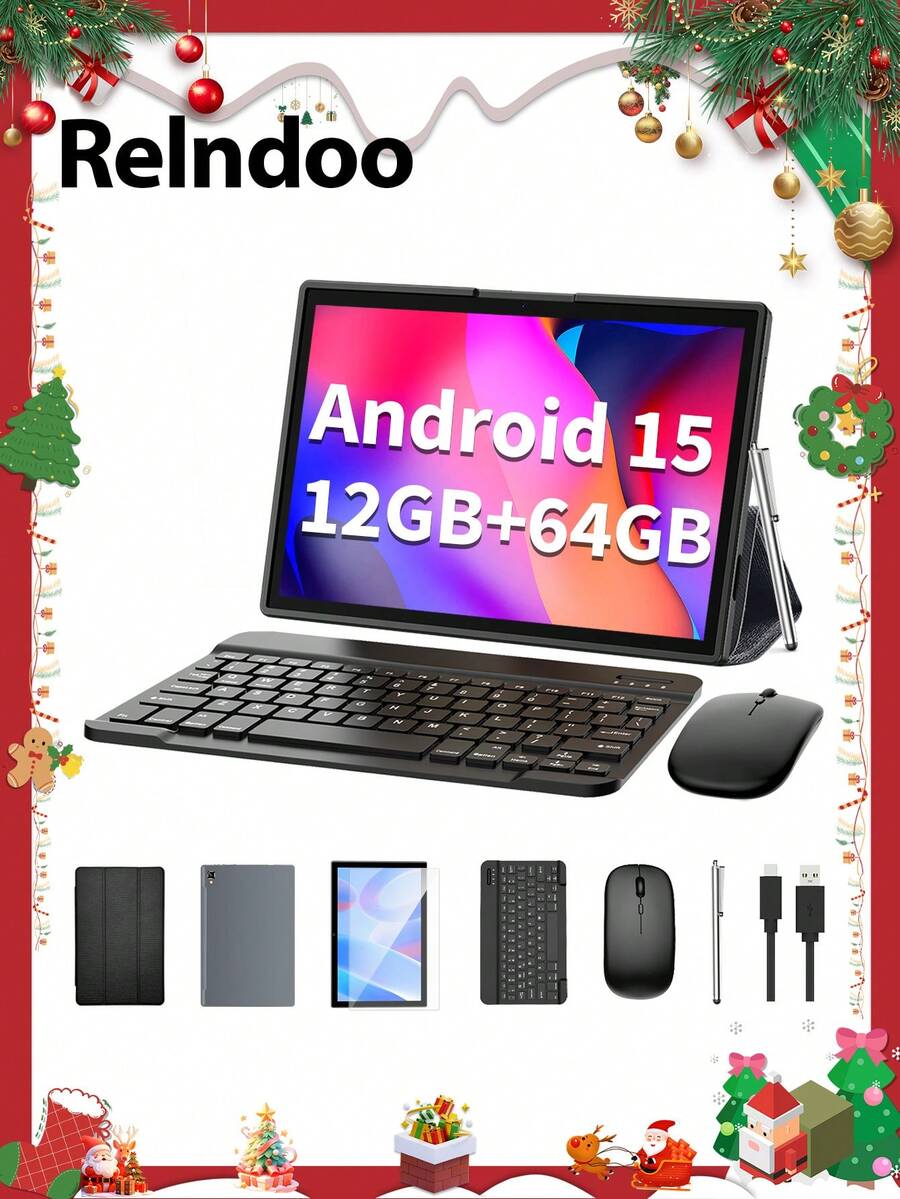 Relndoo 安卓14平板电脑，带键盘，10英寸平板电脑，8GB RAM+64GB ROM，二合一平板电脑，含保护套、鼠标、手写笔，支持802.11n 2.4G/5G无线网络，5MP+8MP双摄像头，1280*800像素高清触摸屏，8000mAh电池，经认证可用于在线课程、工作、娱乐，是圣诞礼物的理想之选（不含适配器） - 複色 - 查看 1