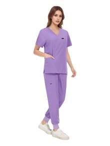 Women's Workwear Set - V-Neck Top And Sports Pants With Zipper Side Pockets, Anti-Pilling Breathable Uniform