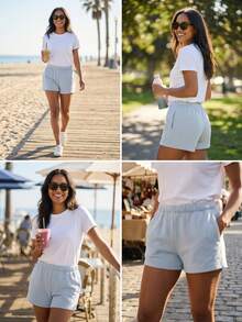 RRIVE Solid High Waisted Dolphin Shorts Elastic Waist Lounge Bottoms Cotton Blend Y2K Casual Workout Sweatshorts With Pockets - Màu xanh bụi bặm - Xem 5