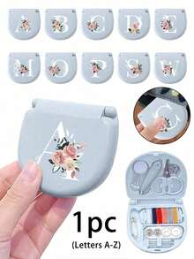 1个蓝色缝纫工具盒，金色三花字母图案，金色A-Z字母图案，缝纫初学者完美礼物：1套便携式迷你缝纫工具包 - 可折叠，DIY缝纫用品和配件，适合旅行者和应急衣物收纳，迷你针盒，便携式小型针包，缝纫工具组合套装，适合酒店、宿舍、学校必备