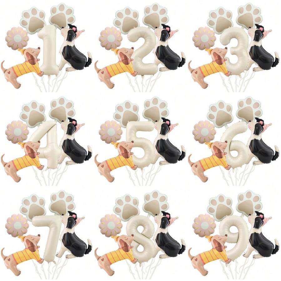Set de 6 globos de aluminio con diseños de perros salchicha, perros pastor y huellas de perro, adecuados para decoraciones de fiestas de mascotas y fiestas de cumpleaños - Multicolor - Ver 1