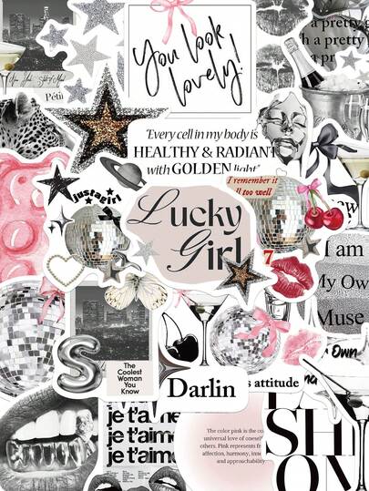 50pcs Silver Lucky Girl Stickers, Waterproof Cartoon Gift Decorative Stickers For Scrapbooking, Notebook, Laptop, Luggage, Guitar, Water Bottle, Phone Case, DIY