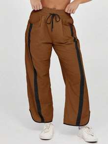 Imily Bela Womens Wide Leg Track Pants Baggy Contrast Color Drawstring Elastic Waist Casual Jogger Workout Pants - 駝色 - 查看 2