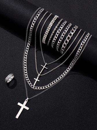 10 piezas Conjunto de joyería para mujer, Conjunto de collar y pulsera con cruz, Accesorios de moda y versátiles adecuados para uso diario, Regalos para amigos en días festivos