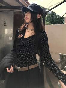 法式蕾丝波点荷叶边V领长袖女士春季修身吊带背心 - 黑色 - 查看 2