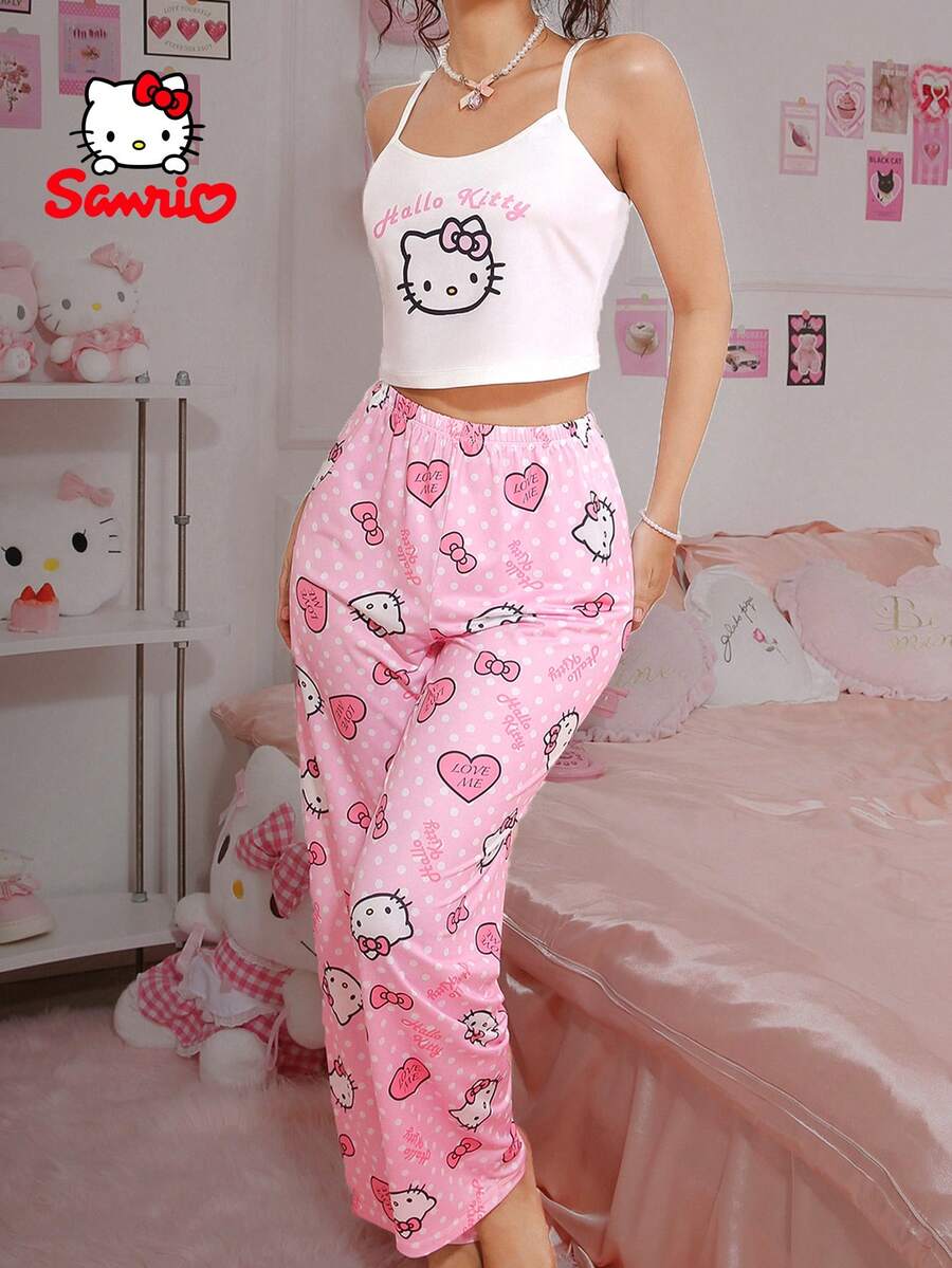 Sanrio Hello Kitty 女士睡衣套装（2件套），粉色和白色，吊带背心+裤子，波点+字母+爱心印花，可爱睡衣套装，休闲家居服