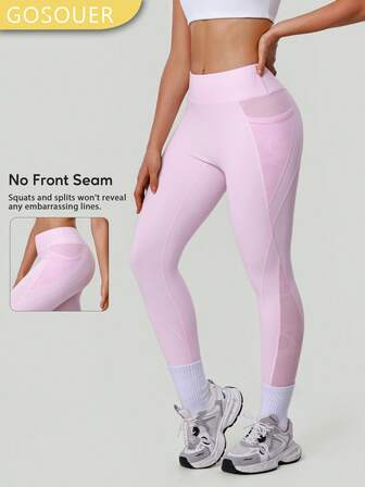 GOSOUER Women High Waist Side Pocket Mesh Butt Lift Yoga Sports Fitness Leggings Pants Active Fitness Bottoms
