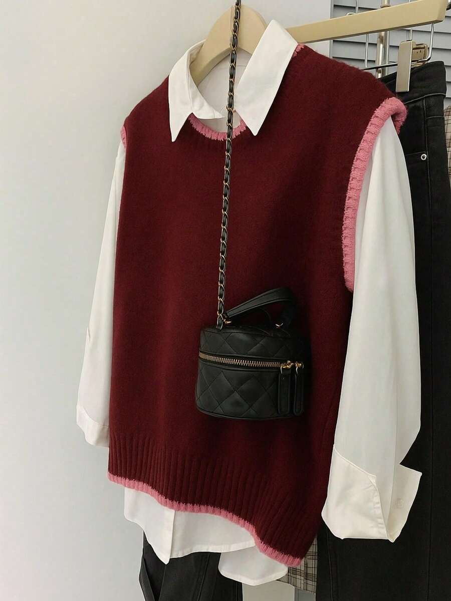JIANHU Chaleco de punto con capas, look preppy de otoño para el Día de Acción de Gracias y Navidad - Burdeos - Ver 1