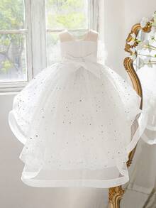 Young Girls' Elegant Pearl Rhinestone Sequin Tulle Trailing Wedding Flower Girl Dress, Suitable For Birthday Party, Graduation, Holiday Celebration, Does Not Include Headband - White - View 2