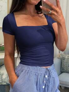 Vaiaye Women's Solid Color Knit Square Neck Sexy Slim Fit Y2K Short Sleeve T-Shirt, Spring/Summer Activewear Top, Suitable For Valentine's Day