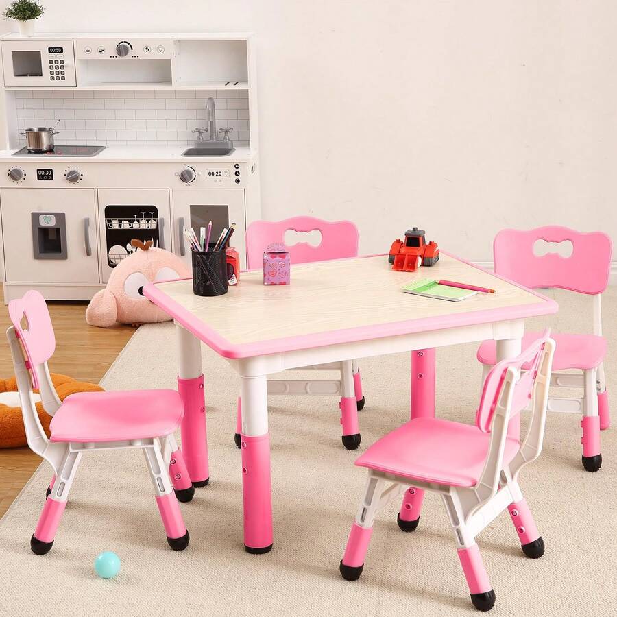 Techigher Kids Table And 4 Chairs Set, Height Adjustable Toddler Table And Chair Set With Graffiti Desktop, Children Multi-Activity Table For Ages 2-8 - 粉色 - 查看 1