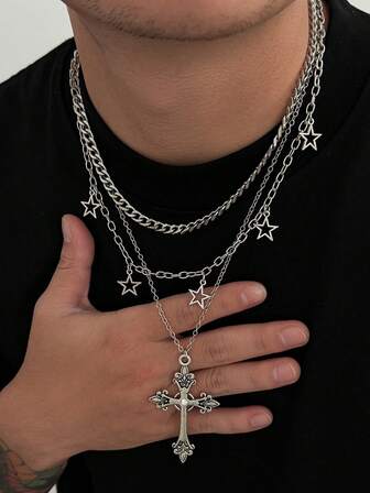 1 set de collier vintage minimaliste avec chaîne, pentagramme, croix en métal pour hommes, port quotidien, cadeau pour les festivals et anniversaires